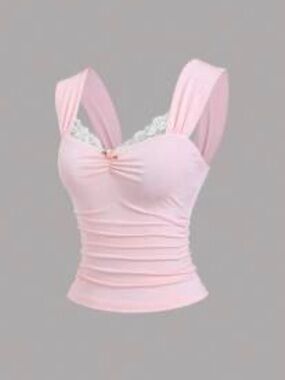 Pink Lace-Trim Ruched Tank Top
